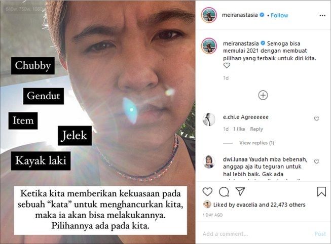 Unggahan istri Ernest Praksa untuk menyambut tahun baru. (Instagram/@meiranastasia)