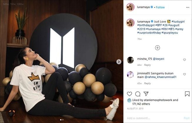 Potret Luna Maya rayakan ulang tahun dengan tema BTS. (Instagram/@lunamaya)