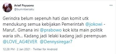 Arief Poyuono calls Gerindra playing transgender politics (Twitter / bumnbersatu)