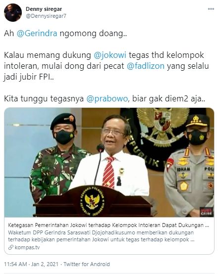 Cuitan Denny Siregar tantang Partai Gerindra pecat Fadli Zon. (Twitter/dennysiregar7)