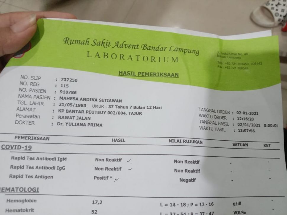 Surat hasil pemeriksaan antigen Andika Mahesa alias Andika eks Kangen Band. [istimewa]