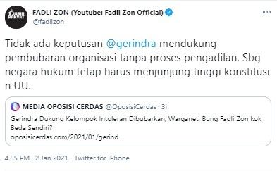 Fadli Zon bantah Gerindra keluarkan putusan pembubaran ormas intoleran (Twitter/fadlizon)