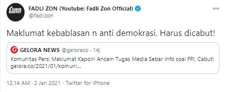 Fadli Zon desak Maklumat Polri dicabut (Twitter/fadlizon)