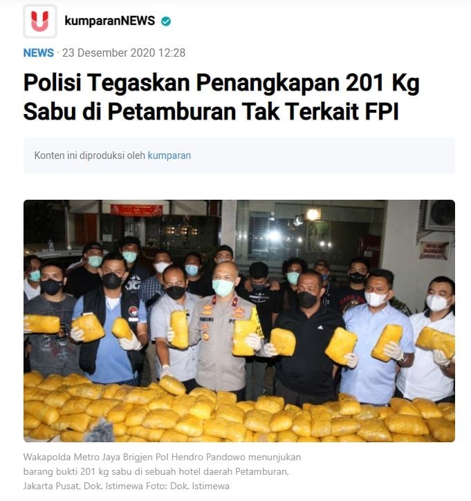 Fakta anggota FPI pemilik sabu 201 kilogram di petamburan (Turnbackhoax.id)