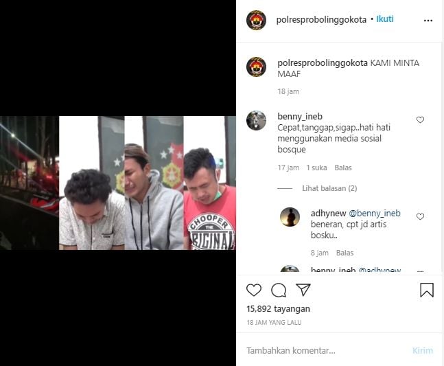 Viral 3 Pemuda di Probolinggo Menghina Petugas Satgas Covid-19 (Instagram @polresprobolinggokota).