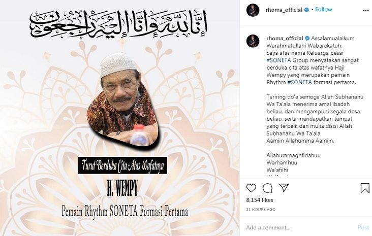 Innalillahi Rhoma Irama Umumkan Personel Pertama Soneta Meninggal