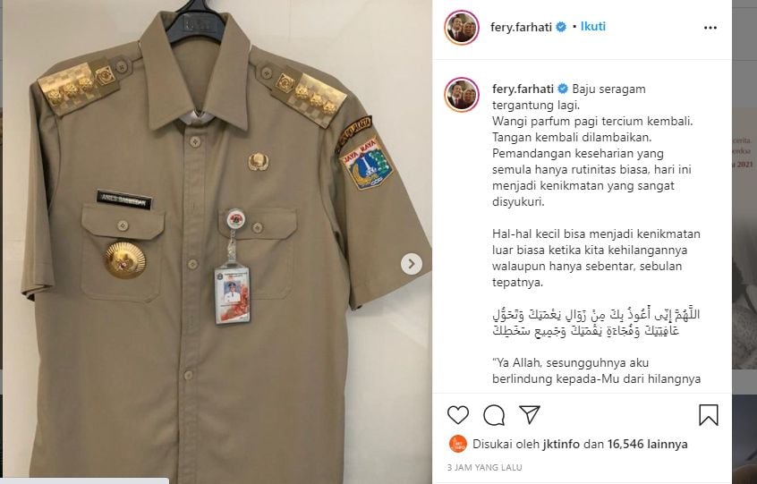 Tangkap layar seragam Gubernur DKI Jakarta Anies Baswedan yang diunggah istrinya di Instagram. (Instafram @fery.farhati)