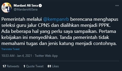 Mardani Ali Sera Kritik Wacana Penghapusan Jalur CPNS Guru (Twitter).