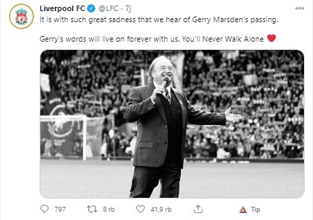 Penyanyi lagu 'You'll Never Walk Alone', Gerry Marsden, meninggal dunia. (Twitter/@LFC)