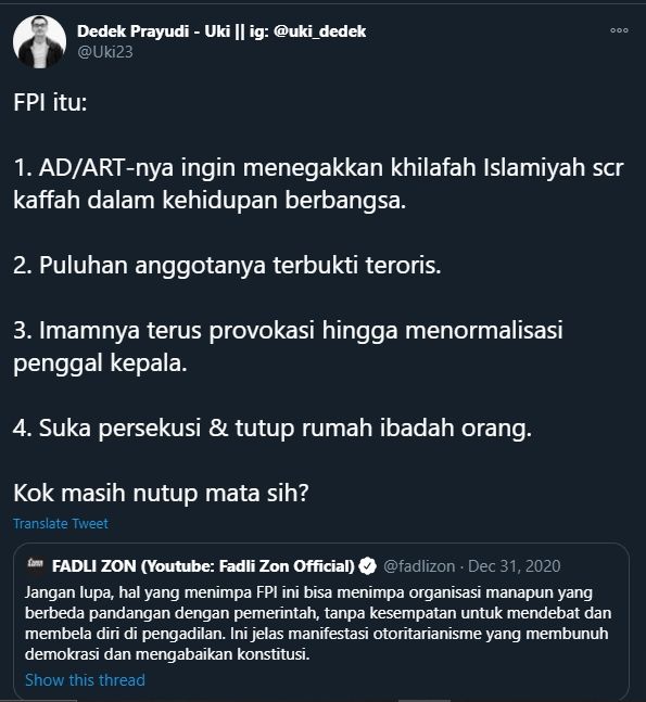 Cuitan Dedek Uki Menanggapi Pernyataan Fadli Zon soal Pembubaran FPI (Twitter).