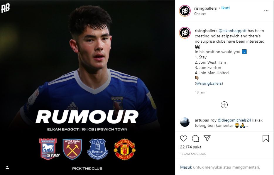 Elkan Baggot dirumorkan dengan tiga klub Liga Inggris, termasuk Manchester United. (Instagram/risingballers)