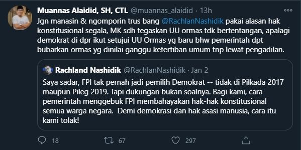 Muannas Alaidid Sentil Rachland Nashidik soal Pembubaran FPI (Twitter).