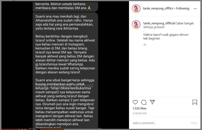 Viral Curhat Wanita yang Suami Keasyikan Taaruf Online (instagram.com/tante_rempong_offficial)