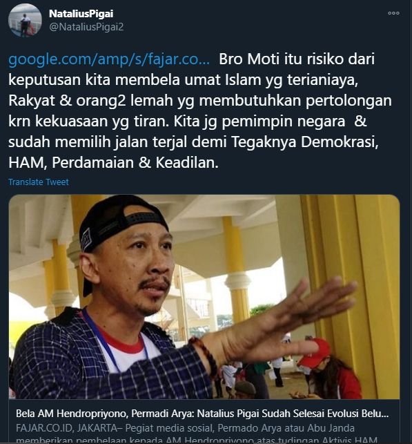 Cuitan Natalius Pigai Membalas Sindiran Abu Janda (Twitter).