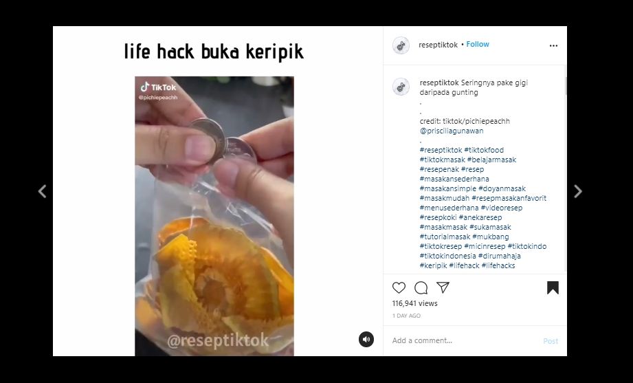 Viral Video Buka Keripik Pakai Koin, Warganet: Keburu Digigit. (Instagram/@reseptiktok)