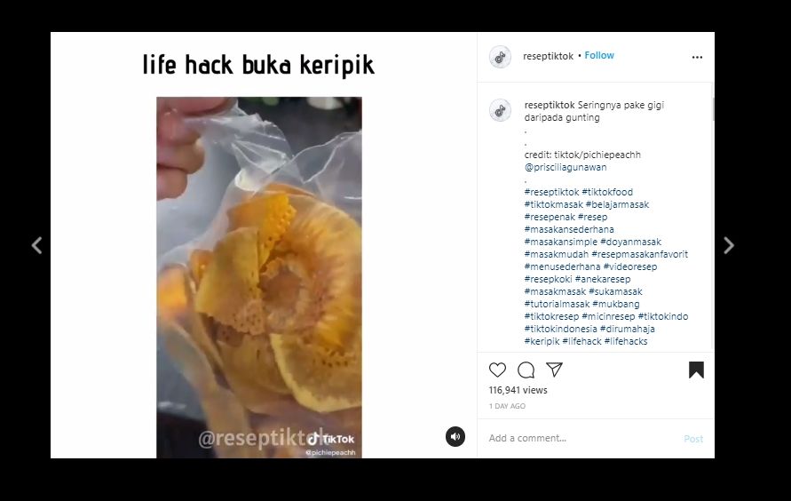 Viral Video Buka Keripik Pakai Koin, Warganet: Keburu Digigit. (Instagram/@reseptiktok)