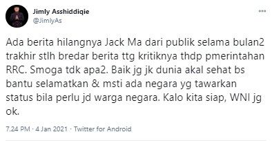 Jimly Asshiddiqie usul Jack Ma pindah kewarganegaraan (Twitter/jimlyas)