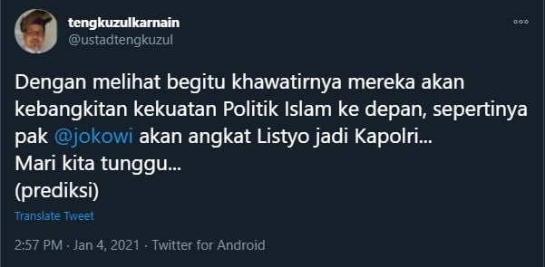 Tengku Zul Prediksi Nama Kapolri Baru Pilihan Jokowi (Twitter).