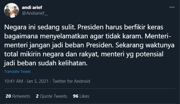 Cuitan Andi Arief Sebut Sudah Tampak Menteri yang Potensial Jadi Beban (Twitter).