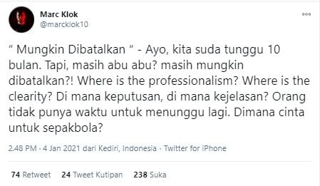 Cuitan Marc Klok soal ketidakjelasan Liga 1 2020/2021. (Twitter/@marcklok10).