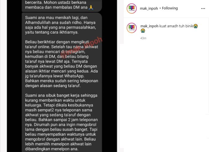 Curhatan istri soal suaminya yang ikuta taaruf online. (Instagram/mak_inpoh)