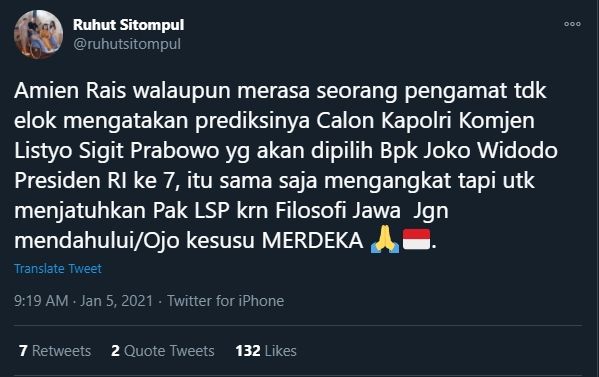 Ruhut Sitompul Kritik Amien Rais soal Prediksi Kapolri Pengganti Idham Aziz (Twitter).