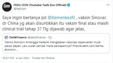 Fadli Zon pertanyakan hasil uji klinis Sinovac sebelum mulai vaksinasi (Twitter/fadlizon)