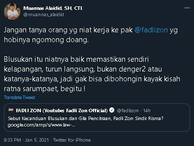 Muannas Alaidid respons cuitan Fadli Zon soal gaya blusukan pejabat. (Twitter/@muannas_alaidid)