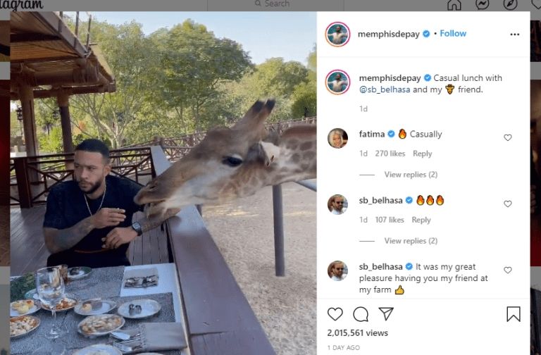 Memphis Depay makan siang sama jerapah. (Instagram/@memphisdepay).