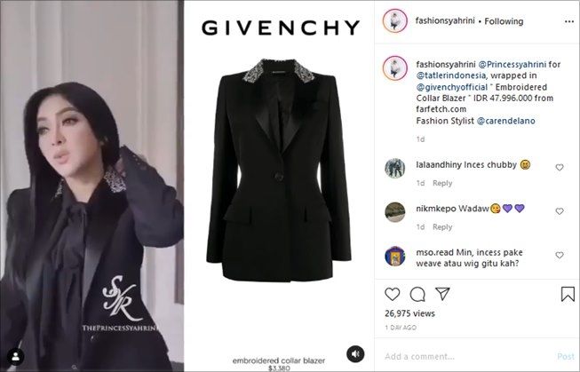 Detail merek dan harga blazer Syahrini di pemotretan. (Instagram/@fashionsyahrini)