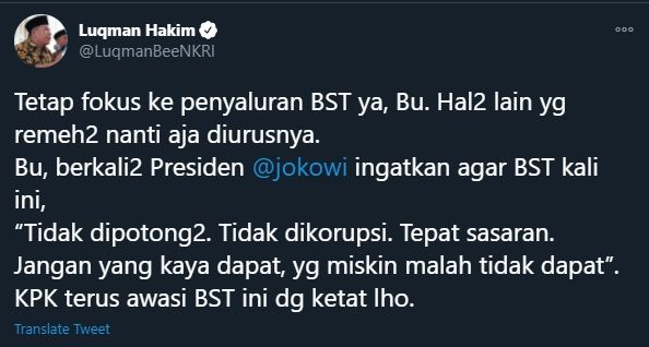 Cuitan Luqman Hakim Ingatkan Mensos Risma, Bawa-bawa Nama Jokowi (Twitter).