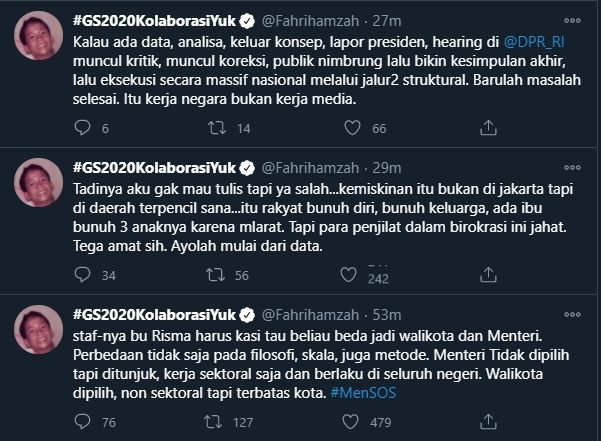 Cuitan Fahri Hamzah Menyinggung Blusukan Mensos Risma, Tugas Mensos, dan Kemiskinan (Twitter).