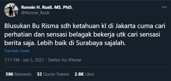 Cuitan Ronnie Higuchi Rusli Menyebut Blusukan Mensos Risma Cuma Caper (Twitter).