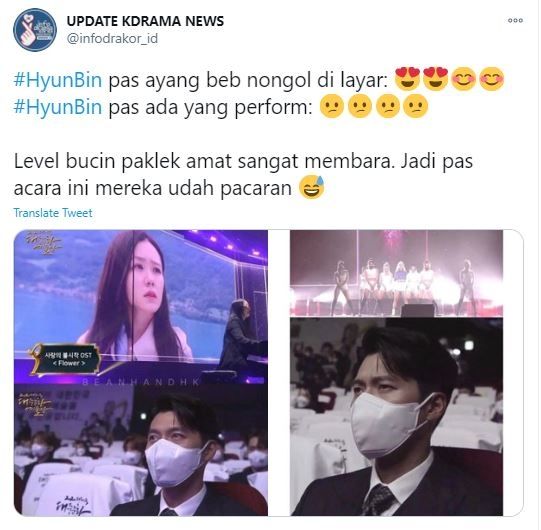 Ekspresi Hyun Bin Lihat Son Ye Jin di Acara Penghargaan Jadi Sorotan (twitter.com/infodrakor_id)