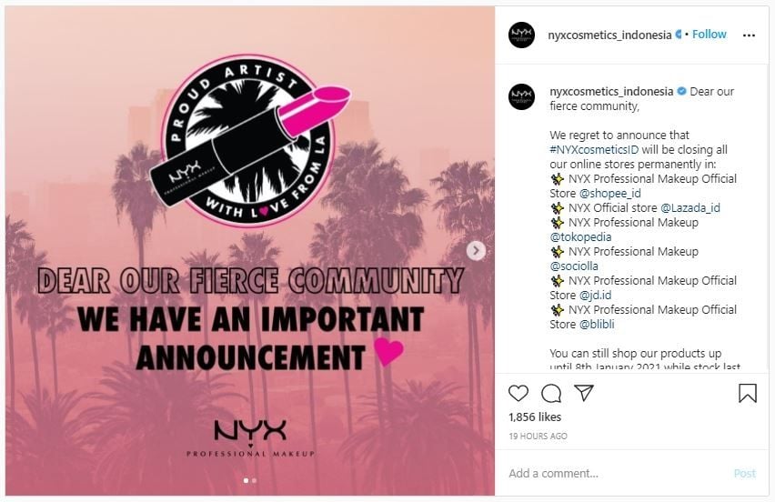 NYX Indonesia Pamit, Toko Online Tutup 8 Januari 2021 (instagram.com/nyxcosmetics_indonesia)