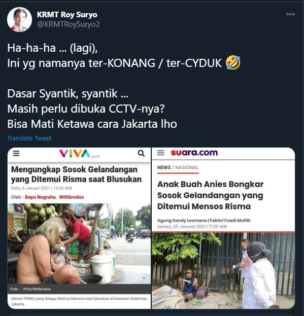 Cuitan Roy Suryo Menanggapi Polemik Blusukan Risma (Twitter).