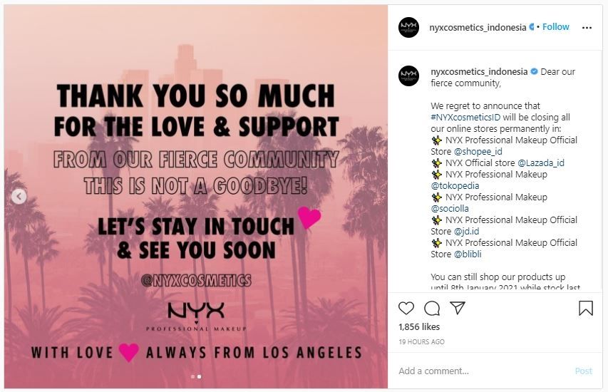 NYX Indonesia Pamit, Toko Online Tutup 8 Januari 2021 (instagram.com/nyxcosmetics_indonesia)