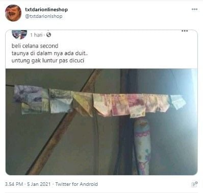 Beli celana bekas dapat harta karun (Twitter/txtdarionlshop)