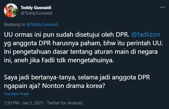 Teddy Gusnaidi Kritik Fadli Zon (Twitter/TeddyGusnaidi).