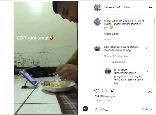 Viral momen romantis sepasang kekasih LDR makan malam virtual, warganet salah fokus. (Instagram/makassar_iinfo).
