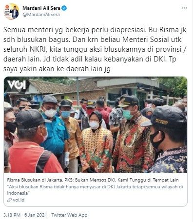 Mardani minta Risma blusukan ke daerah lain tak cuma Jakarta (Twitter/mardanialisera)