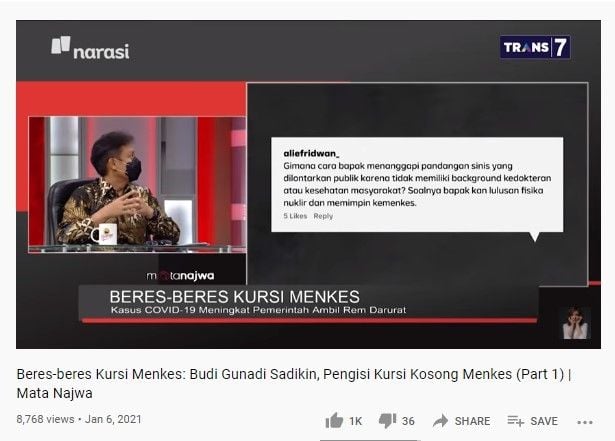 Jawaban Budi Gunadi soal Menkes bukan dari kalangan dokter (YouTube/najwashihab)