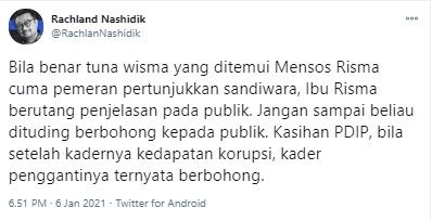 Rachland kasihan dengan PDIP gegara blusukan Risma diduga settingan (Twitter/rachlannashidik)