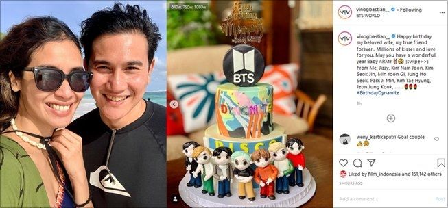 Marsha Timothy dapat kue ulang tahun bertema BTS dari suami. (Instagram/@vinogbastian__)