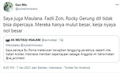 Gus Mis sebut Fadli ZOn dan Rocky Gerung bermulut besar (Twitter/zuhairimisrawi)