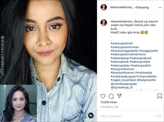 Wanita viral ini makeup jadi Aurel Hermansyah dan Nagita Slavina. (Instagram/@nhasevianderson_)