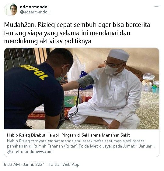 Doakan Rizieq Cepat Sembuh, Ade Armando: Biar Cerita Siapa ...