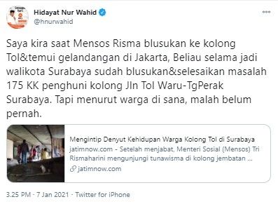 HNW sindir Susi tak pernah blusukan di kolong tol Surabaya (Twitter/hnurwahid)