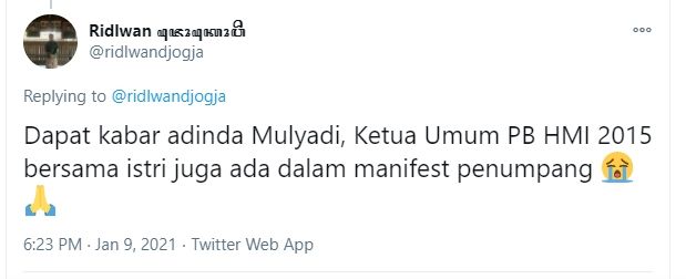 Cuitan kabar eks ketua HMI Mulyadi jadi penumpang di pesawat Sriwijaya Air SJ 182. (Twitter/ridwandjogja)