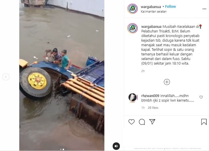 Video detik-detik truk terjun bebas ke air di Pelabuhan Trisakti Banjarmasin. (Instagram/wargabanua)